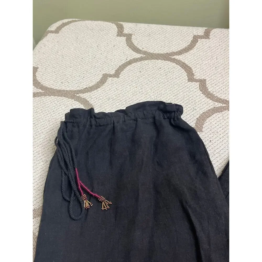 Zara black, high-waisted linen wide-leg pull on pants, tassels, size medium